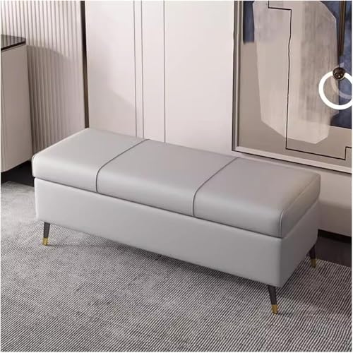 Banco de almacenamiento otomano grande de piel sintética color gris, taburete tapizado rectangular con parte superior elevadora para dormitorio, sala de estar, entrada, ahorro de espacio (60 cm)