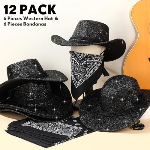 Image of Zhanmai 12 Pcs Cowboy Hat and Bandana Cowboy Cowgirl Hats Bulk Western Party Costume Halloween Accessory