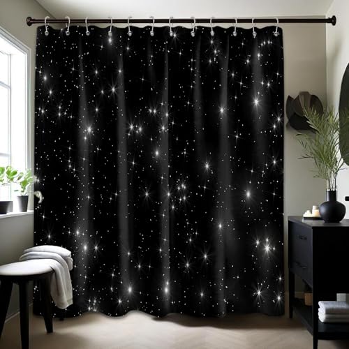 Tonmue Star Space Shower Curtain Black and White Night Sky Galaxy Bathroom Decor, Waterproof Cloth Fabric with Hooks 70' W x 72' L