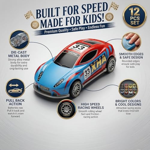 Image of GITGRNTH 12 Pcs Mini Metal Pull Back Cars for Kids 3+ Years, Die Cast Racing Car Toy Set for Boys & Girls, Friction Powered Mini Cars, Birthday Return Gifts, Party Favor Toys & Fun Play Vehicle Set