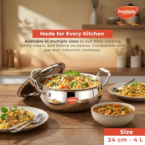 Image of Praylady Triplus+ Pro Triply Biryani Handi | 24 cm | 4.0 L | Dum Biryani Cooking Pot | Patila | Even Heat Distribution | Non Toxic | Less Oil Use | SS Lid | Stock Pot | Induction & Gas Stove Ready