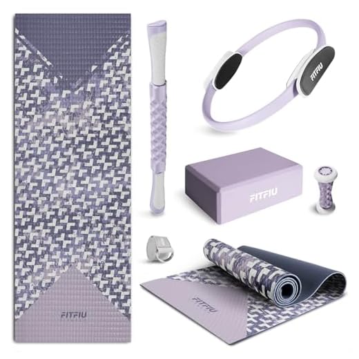 Fitfiu Fitness KITWELL-601 Pack de 6 Accesorios Yoga Pilates Color Lila con Esterilla, Bloque, Aro, Correa y 2 Masajeadores Incluye Guía de Ejercicios Wellness