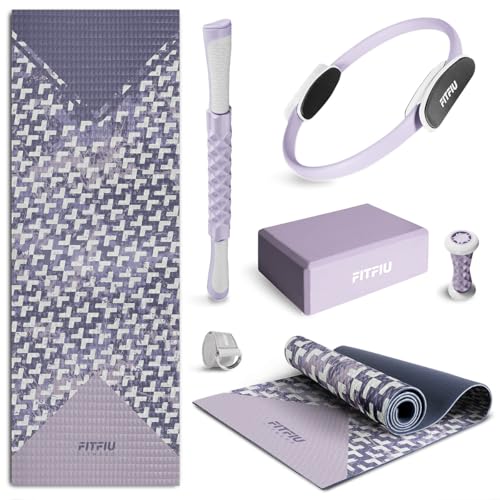 Fitfiu Fitness KITWELL-601 Pack de 6 Accesorios Yoga Pilates Color Lila con Esterilla, Bloque, Aro, Correa y 2 Masajeadores Incluye Guía de Ejercicios Wellness