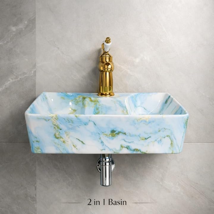 Image of Ceramic Tabletop Wash Basin - Glossy Rectangular Countertop Vessel Sink with Marble Finish for Bathroom & Vanity | Compact 16 x 13 x 5 Inch | Elegant Washbasin