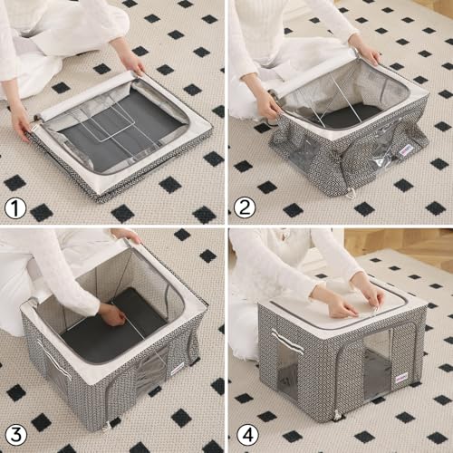 Image of HOKIPO Wardrobe Organizer Storage Box | Foldable Cloth Storage Boxes with Metal Frame & Window | 600D Oxford Fabric | 88L, Pack of 1 Charcoal Grey (AR-5930-CGRY)