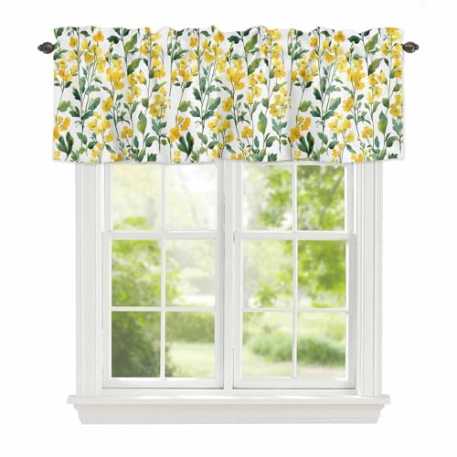 JQZDFBGN Valances for Windows Spring Yellow Wild Flowers Leaf Kitchen Valance, Rod Pocket Valances Window Topper Vintage Garden Herb Short Curtain Valance for Bedroom Bathroom Living Room 42x12in