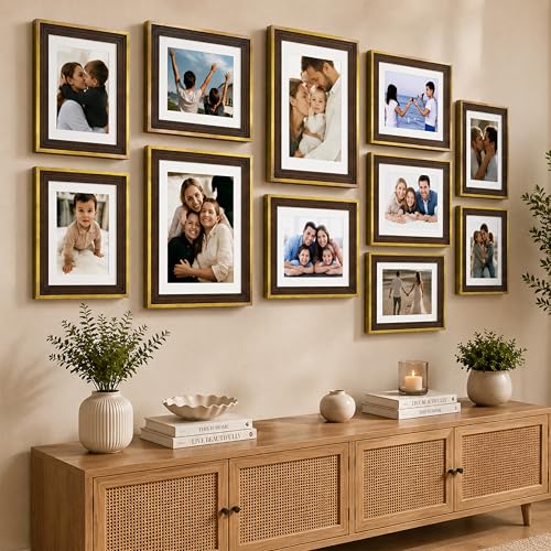 Image of Art Street Gold Gallery Wall Photo Frame Set for Living Room | Modern Family Memory Timeline Wall Decor with Multi Size Collage Frames for Home & Bedroom Decoration