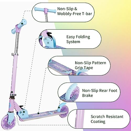 BELEEV V2 Scooters for Kids with Light-Up Wheels & Stem & Deck, 2 Wheel Folding Scooter for Girls Boys, 3 Adjustable Height, Non-Slip Deck, Lightweight Kick Scooter for Children Ages 3-12 (Purple) - 5