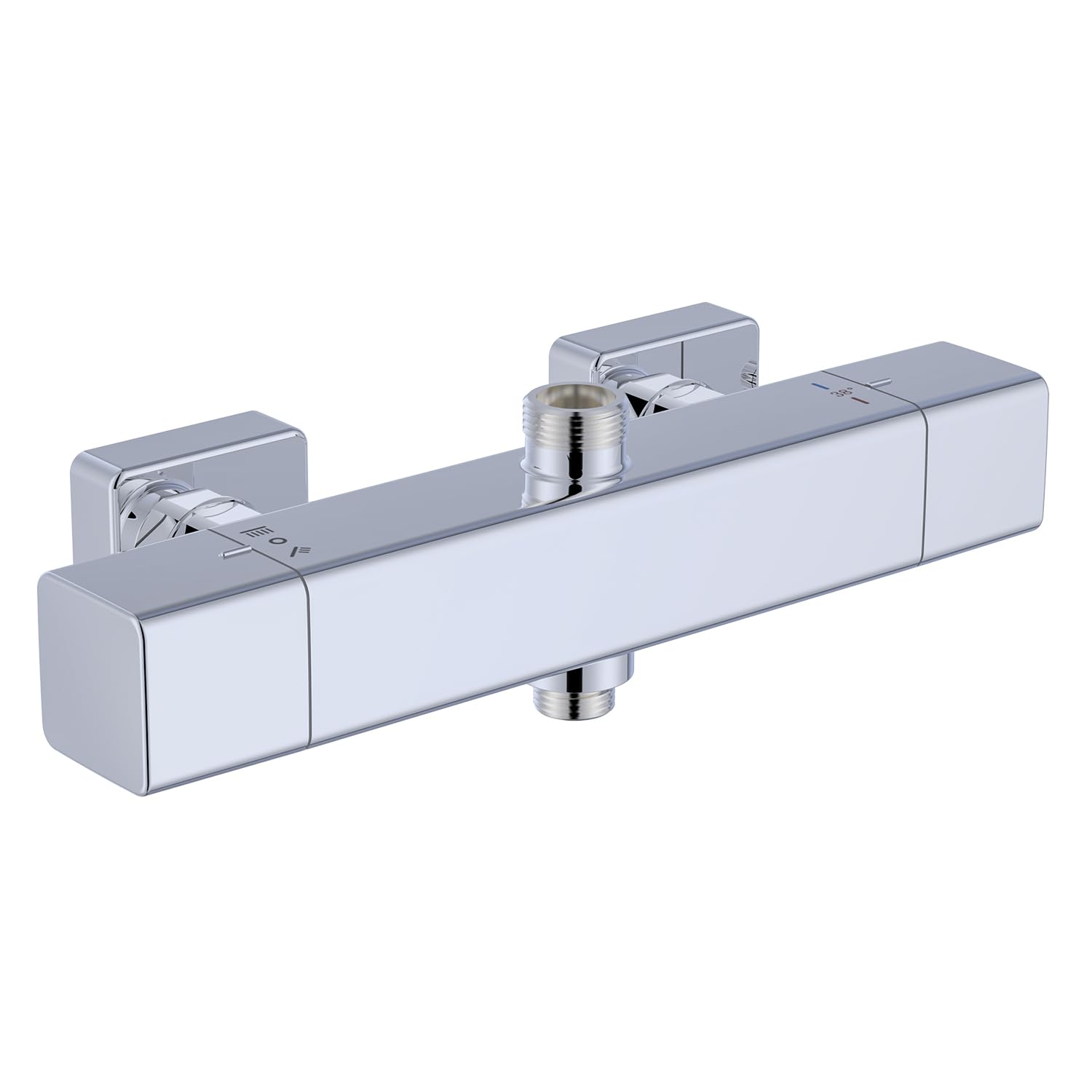 Mitigeur Douche Thermostatique 2 Sorties, Chromé Mural Carrée | Sortie supérieure 3/4" + inférieure 1/2", cartouche céramique, sécurité 38°C