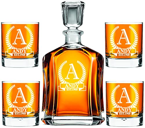 AIGAT Juego de decantador personalizado con 4 vasos de whisky de 270 ml, tamaño del decantador 700 ml
