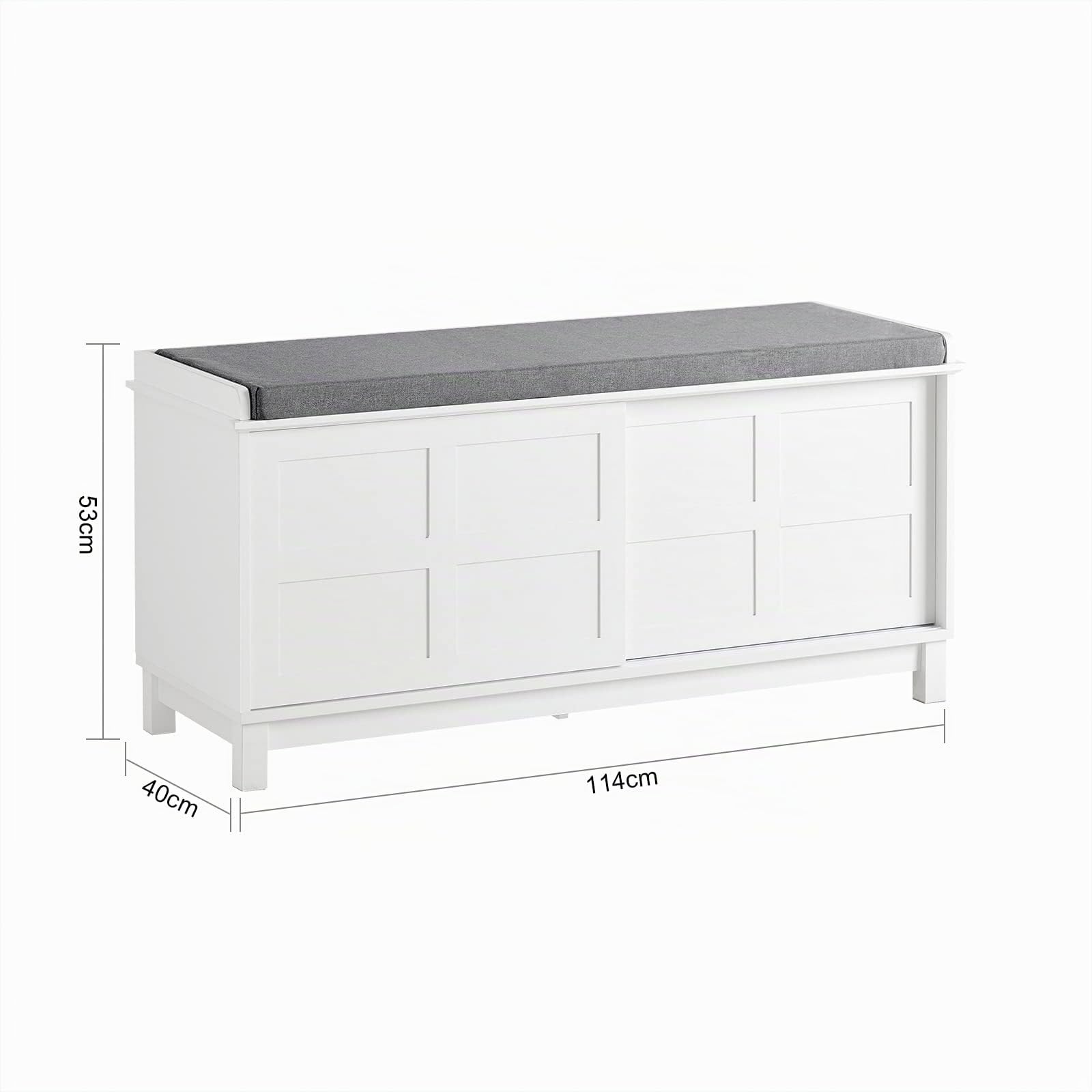 SoBuy Schuhbank mit Stauraum und gepolstertem Kissen - Multifunktionales Schuhregal mit 2 Schiebetüren für Flur und Eingangsbereich - Bequem, platzsparend, 114 x 40 x 53 cm, Weiß, FSR86-W