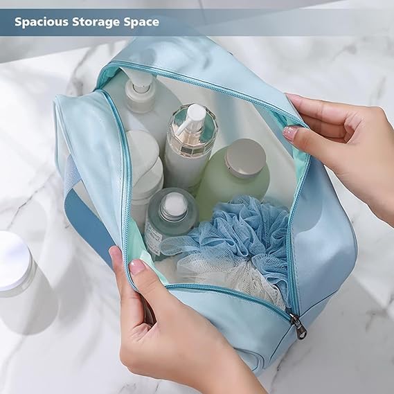 BLUE CRANE Stay lippy Wash Bag Pouch for Travel Kit Toiletry Bag Cosmetic Bag Make Up Box for Brushes, Accessories with Handle, Large Capacity Translucent Waterproof Travel Storage Organizer Set of 3 4