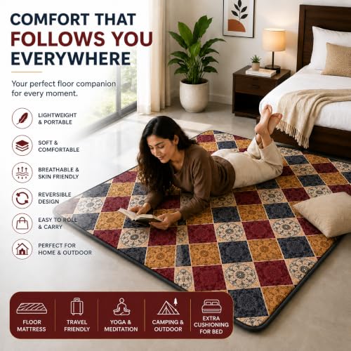 Image of K25 Cotton Floor Bed Mattress with High-Density Foam for Extra Bedding | Lightweight Reversible Portable Rolling Mat for Travel Yoga Outdoor & Camping (Size: 72x72x0.8 Inch, Multicolor)