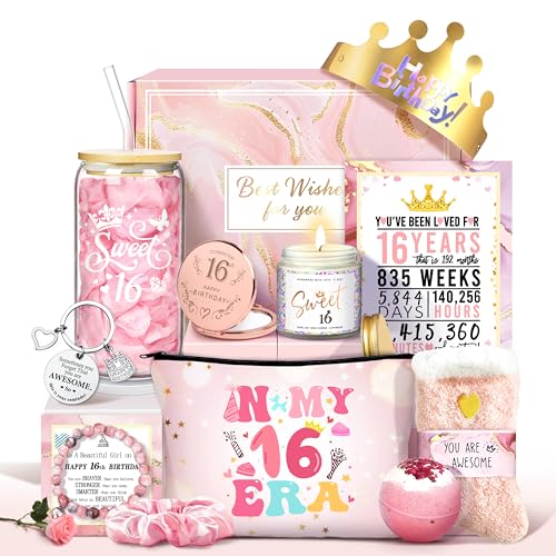 Jumway Birthday Gift Box for 16 Girls - Luxury Pink Teen Milestone Kit with 'Sweet 16' Cup, Rose Gold Mirror, Spa Set - Perfect 16th Birthday Present for Daughter, Sister, Friends