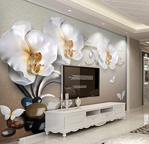 Murwall 3D Floral Wallpaper White Orchid Wall Mural 3D Pebble Wall Print White Butterfly Wall Art Classical Home Decor