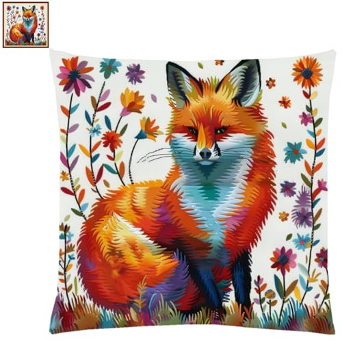 Image of Fanxvivy Stamped Cross Stitch Kits for Adults Beginners Pillow Needlepoint Kit with Embroidery Pattern Needlework Kit Prestamped Stitches Kit 11CT Cross Stitching-Colorful Fox 18x18 inch