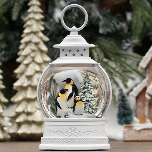 Christmas Lantern Snow Globe, Musical Penguins Snow Globe Battery & USB Operated Lighted Christmas Decorations, 6H Timer, Spinning and Swirling Glitter Snow Globes Decorations Gifts