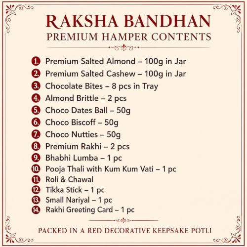 Image of NUTRISNACKSBOX Rakhi Chocolate Gift Box for Brother | 2 Bhaiya Rakhis, Pooja Thali, Roli Chawal & Tikka Stick | Premium Red Hamper