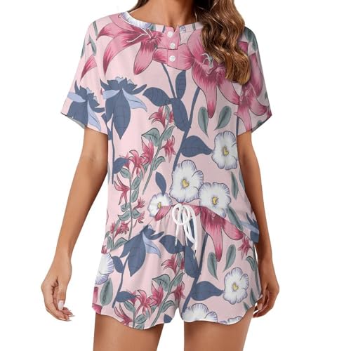 Pyjama court femme fleurs roses | Ensemble de nuit coton léger été