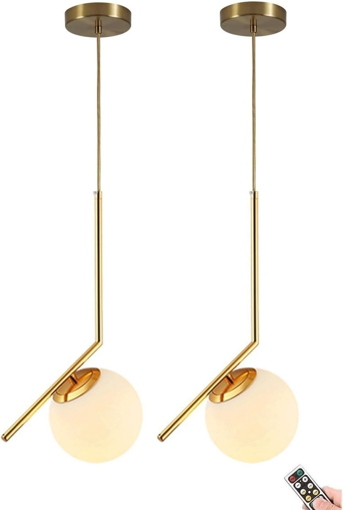 USB Rechargeable Wireless Pendant Light - Mid Century Design with Remote Control White Glass Globe Shade for Kitchen Island Dining Room Bedroom Living Room
