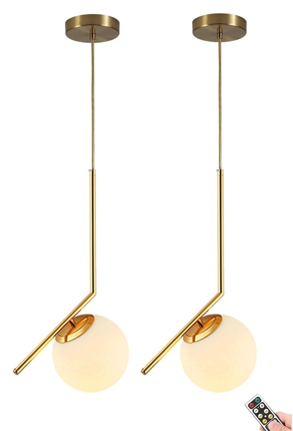 USB Rechargeable Wireless Pendant Light - Mid Century Design with Remote Control White Glass Globe Shade for Kitchen Island Dining Room Bedroom Living Room