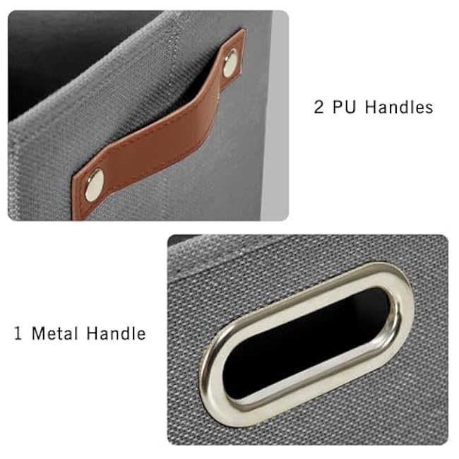 Linen Fabric Foldable Storage Bin 3 Pack 16.7x12x12¡± + Large Fabric Storage Bins with 3 Handles 17x11.8x11.8, Full Gray