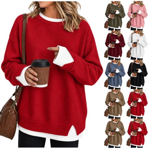 Womens Fall Sweater Crewneck Long Sleeve Layered Look Pullover Oversized - image 1