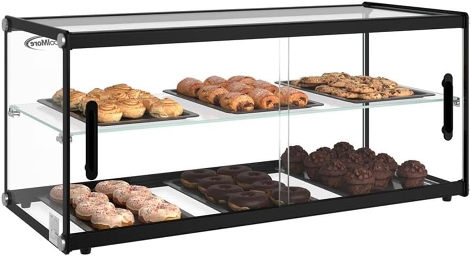 Pemberly Row 33" 2-Tier Pastry Display Case, Tempered Glass, Black Aluminum Finish, 3.2 Cu. Ft Capacity, Sliding Door, Durable Countertop Bakery Case for Commercial Foodservice