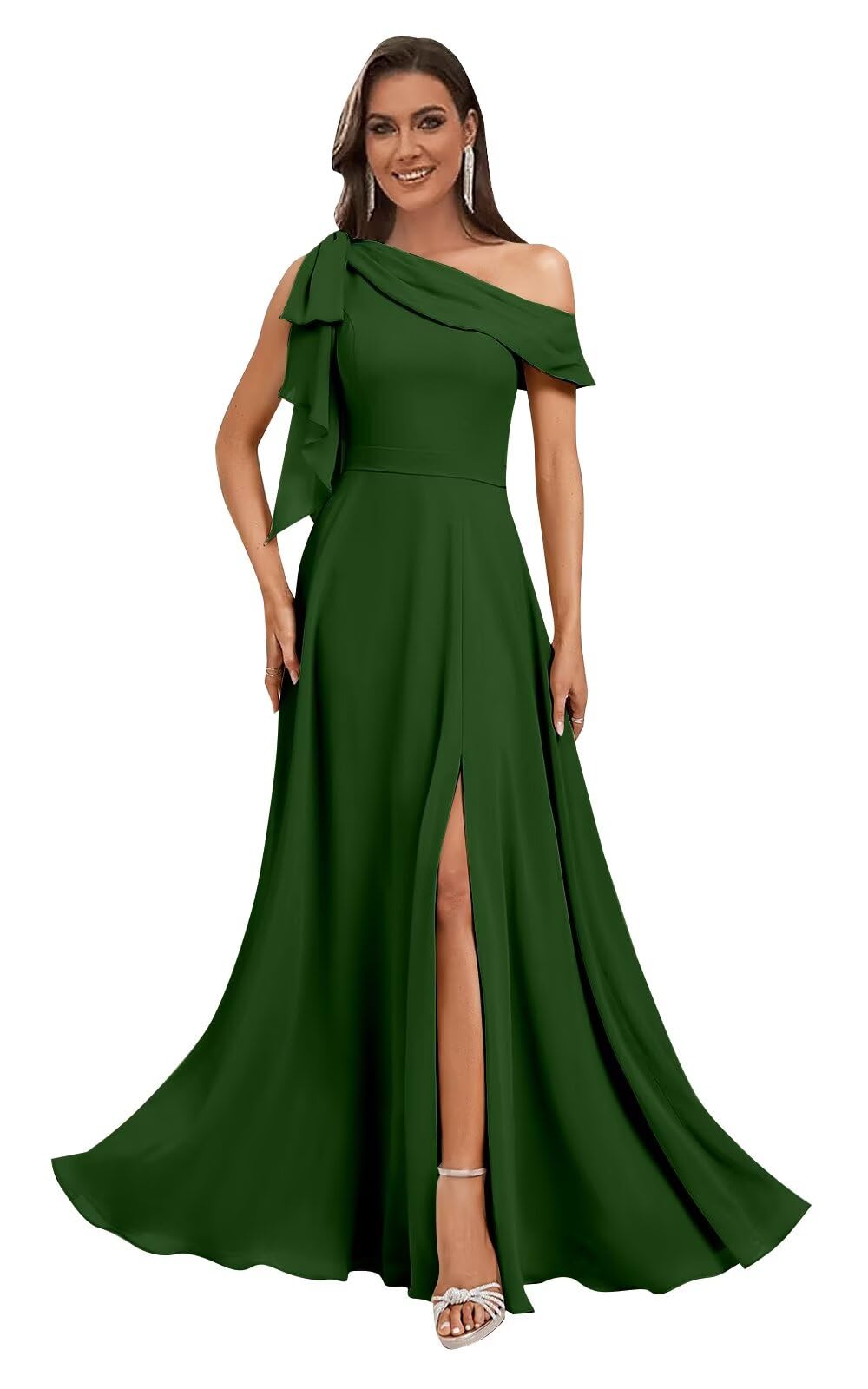 Monvelli One Shoulder Bridesmaid Dresses with Bow Long Chiffon Empire Waist Formal Evening Gowns with Pockets