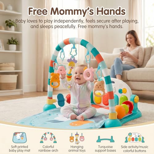 Image of StarAndDaisy Baby Play Gym mat, Kick & Play Gym mat with Adjustable Piano for Baby, Infants & Toddler Gym /Play mat with Hanging rattles /Play Toys Music & Light - Blue