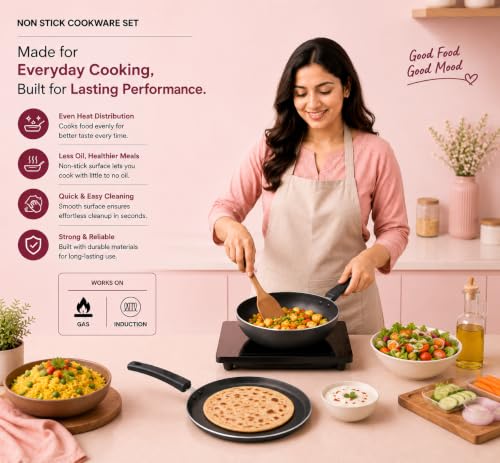 Image of BALTRA Premium Gourmet Non-Stick Cookware 2 Pcs Set | Dosa Tawa and Fry Pan | 100% PFOA Free Coating | Easy Clean, Induction Bottom Non-Stick Coated Set
