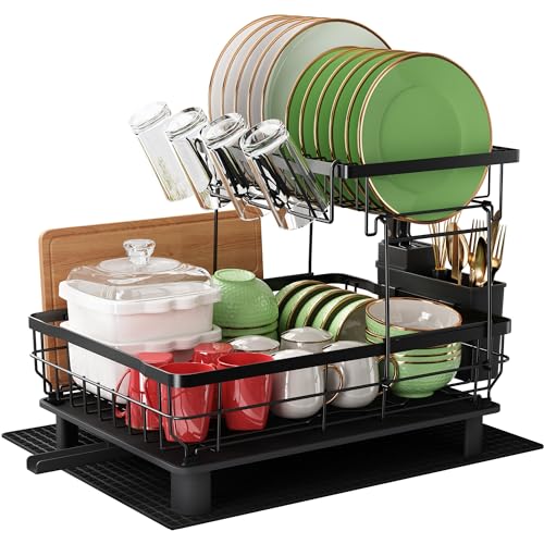Dish Drainer Rack, 2 Tier Stainless Steel Dish Drying Rack with Drip Tray and Drying Mat, Sink Plate Drainer Rack with Utensils Holder, Swivel Spout, Kitchen Draining Board Rack for Kitchen, Black