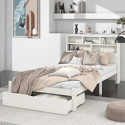 Becag Einzelbett 90x200 cm, Holzbett Kinderbett mit Schubladen, Kopfteil mit Bücherregal, Bett mit Lattenrost und Stauraum, Jugendbett, Funktionsbett, Bettgestell aus Holz, ohne Matratze, Weiß – Bild 5