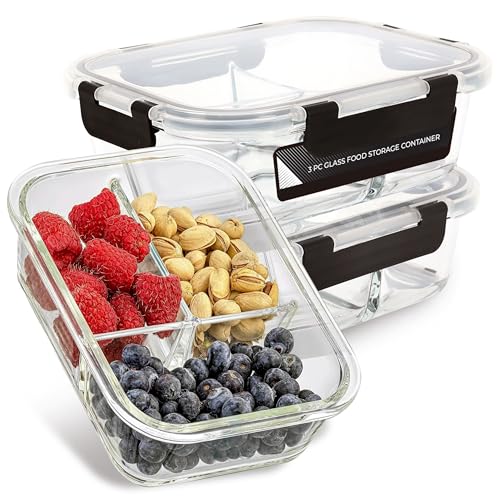 Top 3 Recipientes de vidrio para almacenamiento de alimentos con tapas, paquete de 3 recipientes reutilizables para preparación de comidas, lonchera apilable con 3 compartimentos, tapas herméticas
