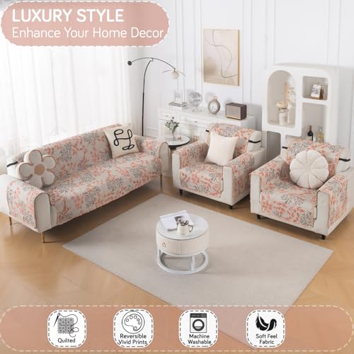 Image of HOKIPO AB Dual Design Quilted Sofa Cover 5 Seater, 3+1+1 Sofa Cover Set, Easy Drape Series, Peach Leaves (NEW-IN-1101 + IN-1099 * 2-ED3)