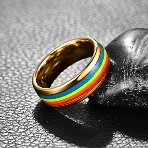 MEILING LINGMEI 8mm Tungsten Carbide Ring Gold Rainbow Wedding Ring LGBT Pride Ring for Lesbian & Gay LGBTQ Pride Engagement Band Comfort Fit Size 7-123