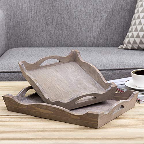 MyGift Vintage Whitewashed Wood Nesting Decorative Serving Trays for Breakfast, Lunch & Dinner Parties with Wavy Handles, Set of 2