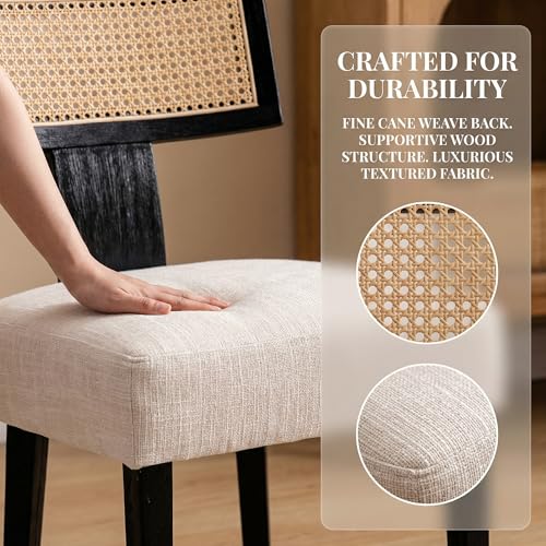 Image of HNY Mid Century Modern Rattan Dining Chairs Set of 4, Farmhouse Linen Upholstered Accent Chair Curved Backrest Kitchen Chairs, with Black Hardwood Frame, Beige