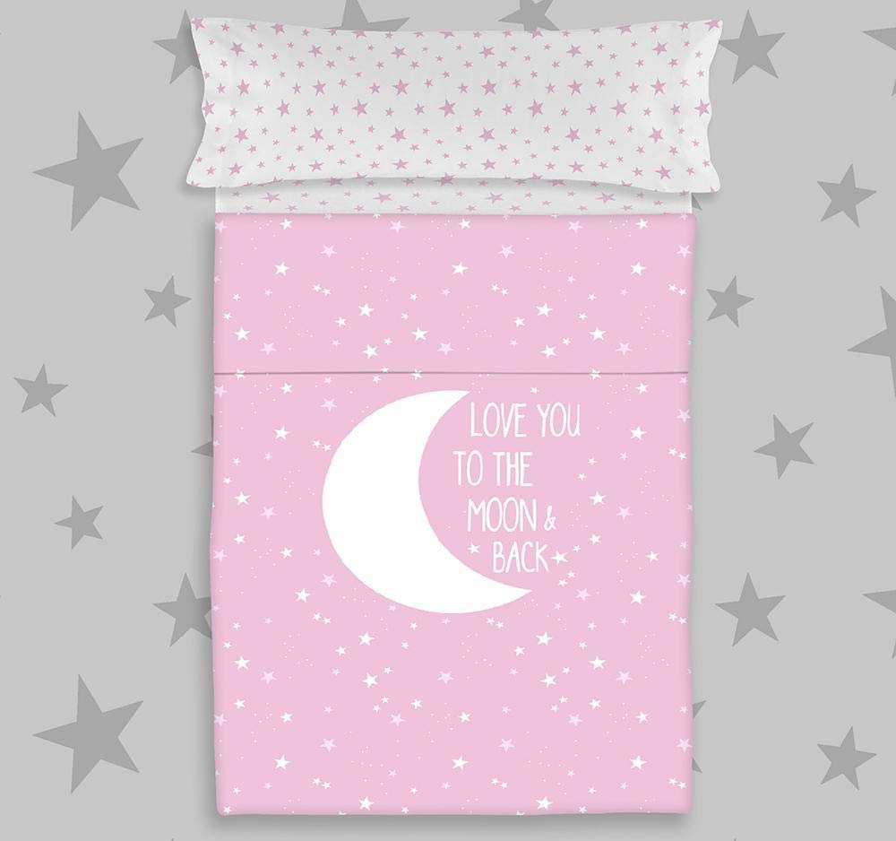 COTTON ARTean Juego de sabanas Infantil/Juvenil Moon Pink Cama de 90 x 190/200. 100% ALGODÓN.