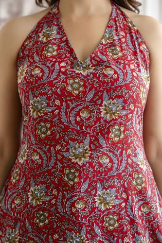Image of Women Red Cotton Floral Printed Halter Neck Sleeveless Backless Kurti Top | Ethnic Fusion Wear for Casual & Festive Occasions
