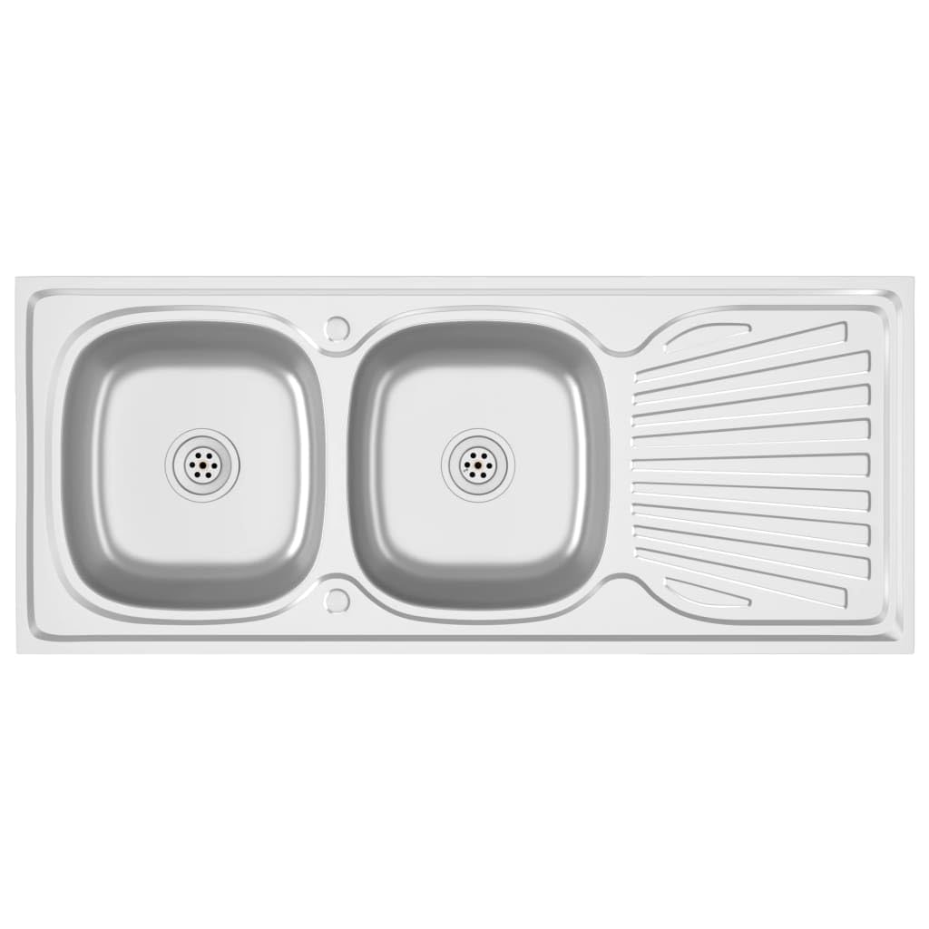 vidaXL Küchenspüle mit Doppelbecken Einbauspüle Spülbecken Spüle Edelstahlspüle Ablaufgarnitur Küche Silbern 1200x500x155mm Edelstahl