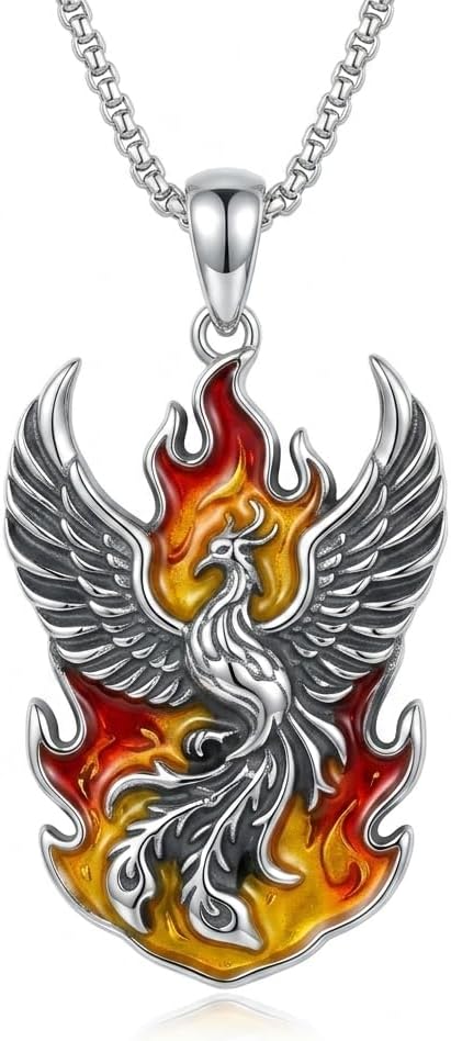 Phoenix Necklace for Men 925 Sterling Silver Phoenix Rising from the Ashes Pendant Vintage Fire Bird Rebirth Jewelry Mythical Amulet Gift for Him