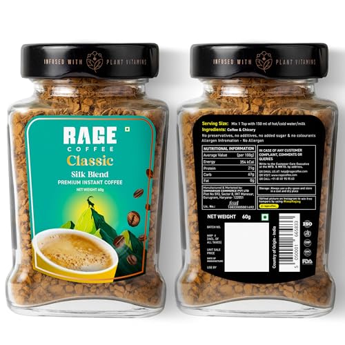 Image of Rage Coffee Premium Silk Blend Classic Coffee Powder - 60g X 2 | Fuel Your Day with Plant-Based Vitamin Instant Coffee Powder for Enhanced Fitness, Energy, and Focus | Hot and Cold Coffee - 120g