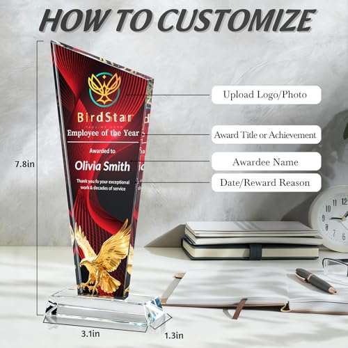Image of Custom Crystal Trophy Award Personalized Plaque Award with Text Logo Photo Awards Trophies for Employee Recognition Team Graduation Personalized Office Gifts for Boss Coworker Teacher