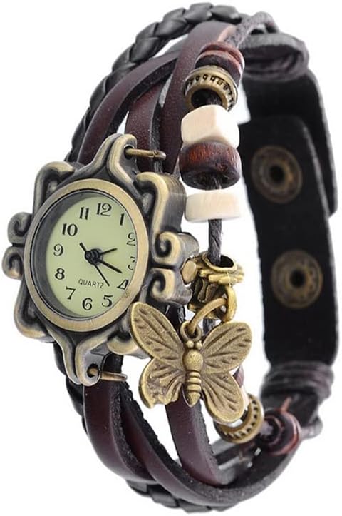 Souarts Brown Weave Wrap Artificial Leather Strap Bracelet Watch with Butterfly Charm