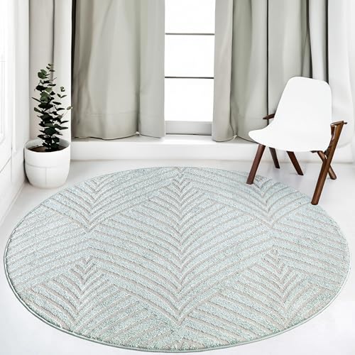 payé Teppich Rund Kurzflor - 120x120cm - Türkis Grau - Einfarbig Uni Geometrische Muster Modern...