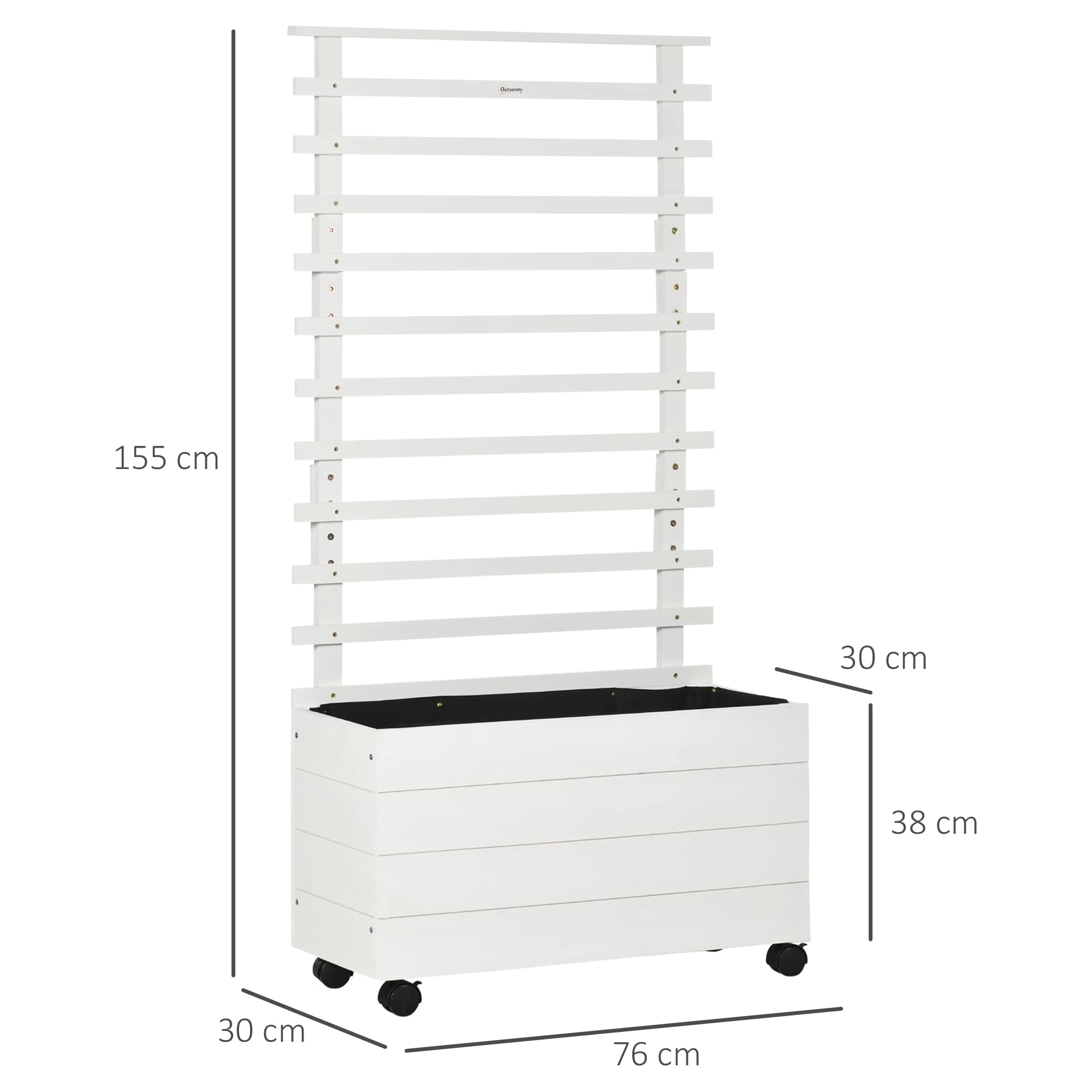 Outsunny Fioriera Rialzata Verticale con 4 Ruote e Traliccio per Piante Rampicanti in Legno di Abete, 76x30x155cm, Bianco