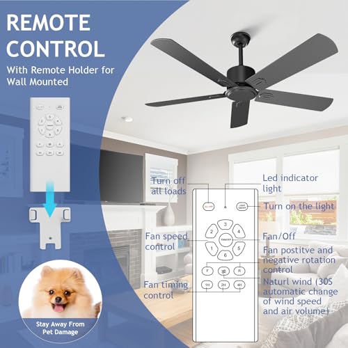 Image of Obabala 52 Inch Ceiling Fan No Light, Outdoor Indoor Flush Mount Low Profile DC Motor Fan with Remote and APP, 5 Blades Reversible Silent Fan for Patio, Bedroom, Living Room, Garage, Black