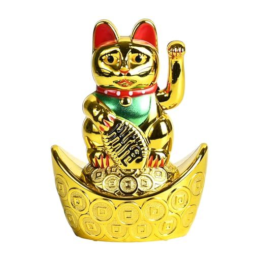Image of ZAICUS Golden Waving Cat Figurine on Money Ingots | Feng Shui Symbol for Good Luck, Wealth, Prosperity, and Health | Decorative Cat Statue for Home & Office