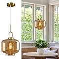 LBSQJ Cognac Glass Pendant Lights Kitchen Island Gold Pendant Light Fixtures Adjustable Height Modern Pendant Lighting for Bedroom Dining Room (9.06 in 1-Pack)